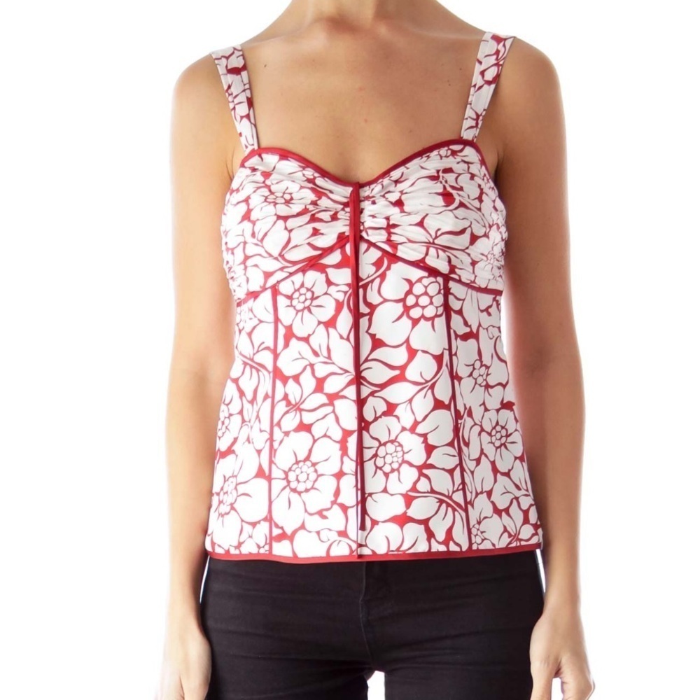 Ann Taylor Red & Cream Silk Floral Print Top Size 4